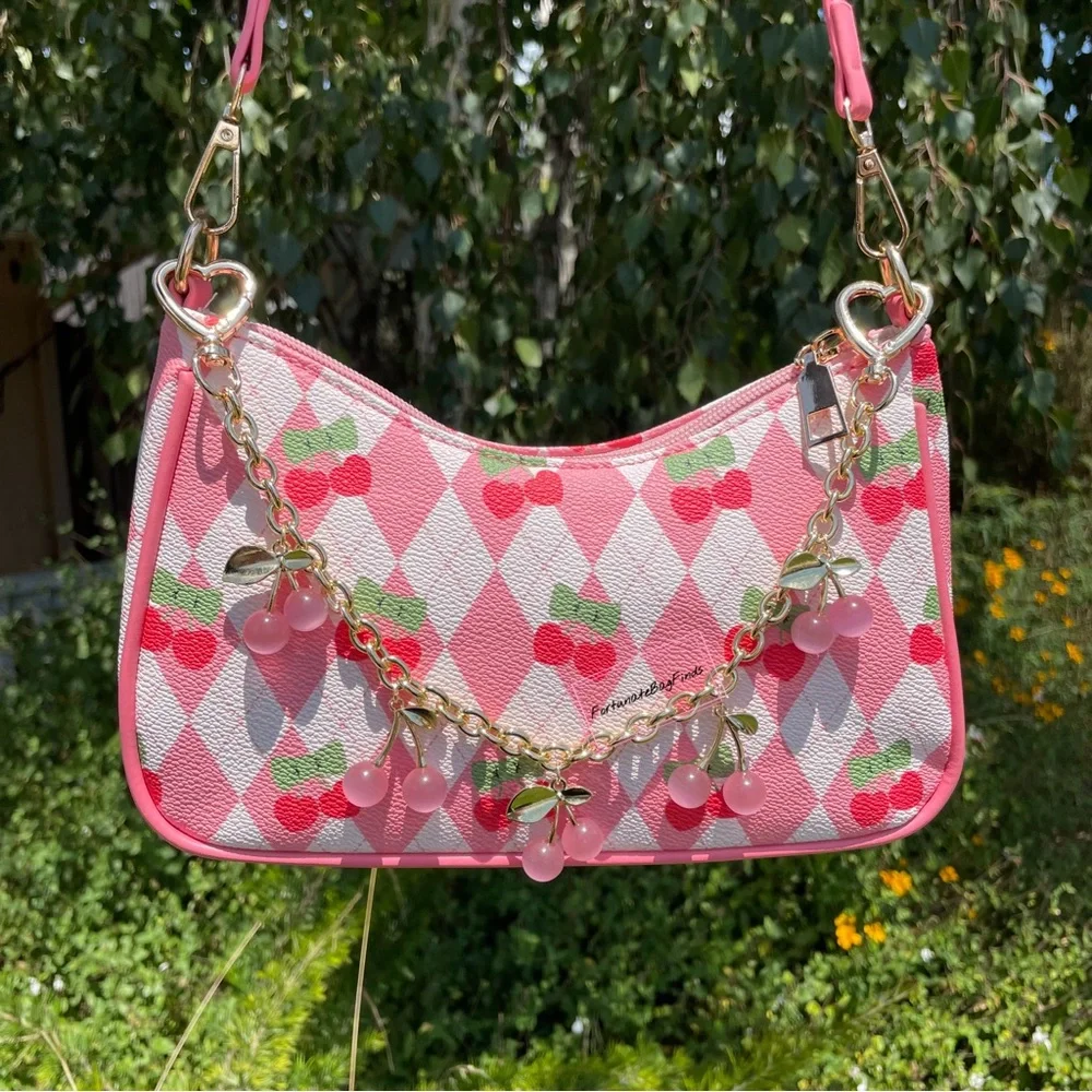 Pink Crystal Cherry Bag Charm Chain Novelty Purse Strap Baby Pink Cherries Charm - Picture 11 of 14